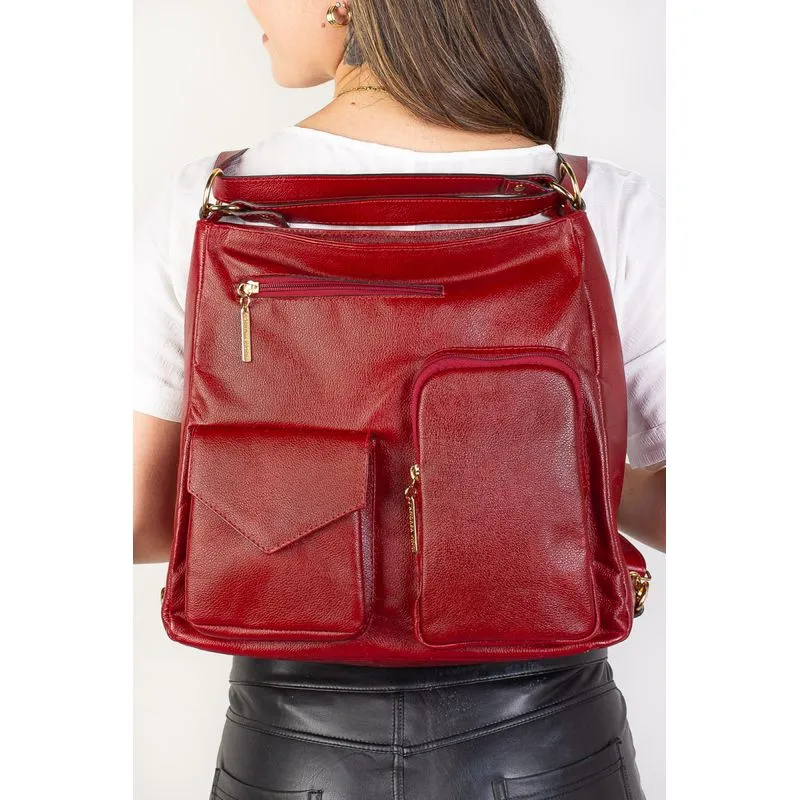 Bolsa mochila de couro liso Érica Vermelho
