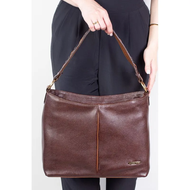 Bolsa de ombro em couro liso Flávia Café/Whisky