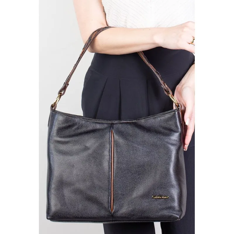 Bolsa de ombro em couro liso Flávia Preto/Whisky