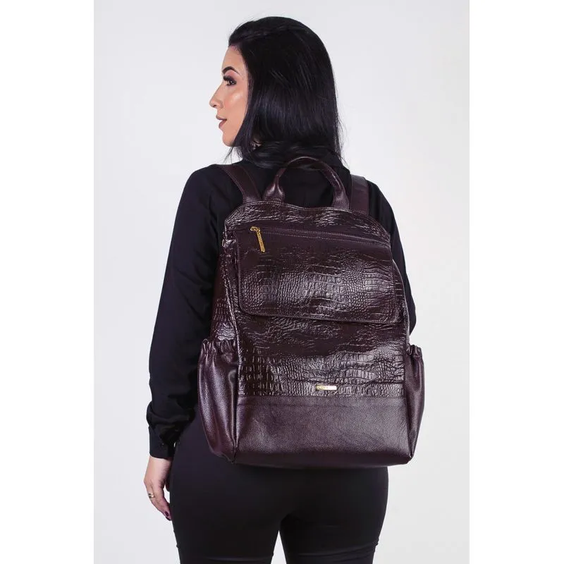 Mochila antifurto grande de couro croco Suzana Marsala