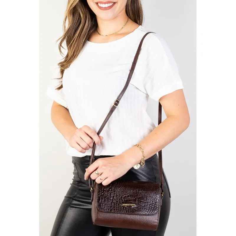 Mini bolsa transversal de couro croco Josi Café
