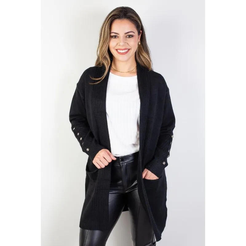Cardigan alongado bolsos e botões na manga 81213