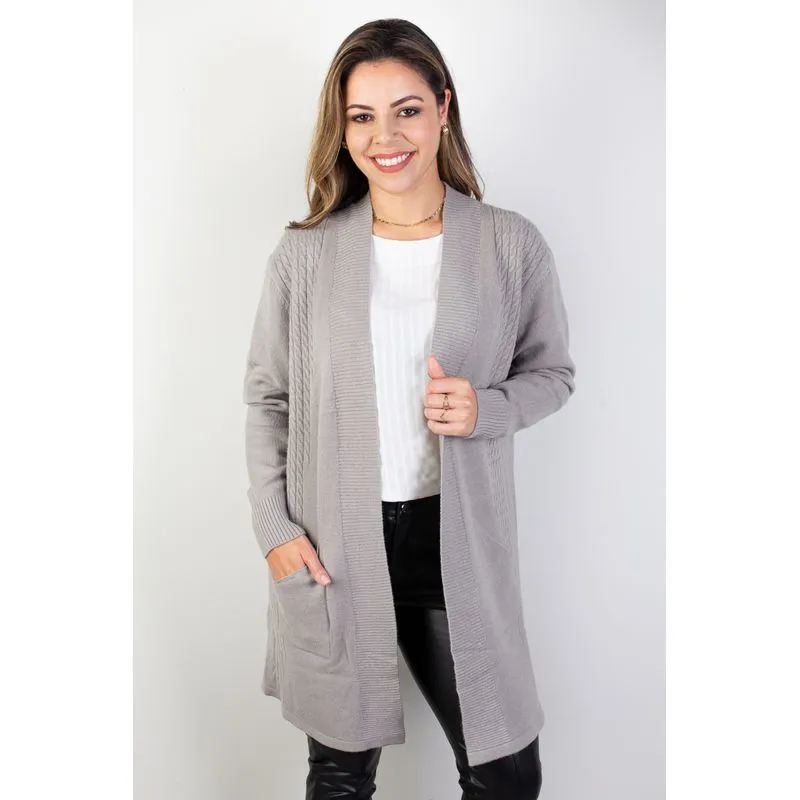 Cardigan alongado feminino com bolsos 81131 G / Amêndoa