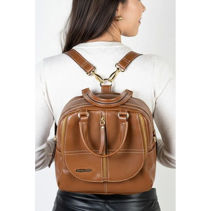 Bolsa mochila de couro liso 3 em 1 Marina Caramelo