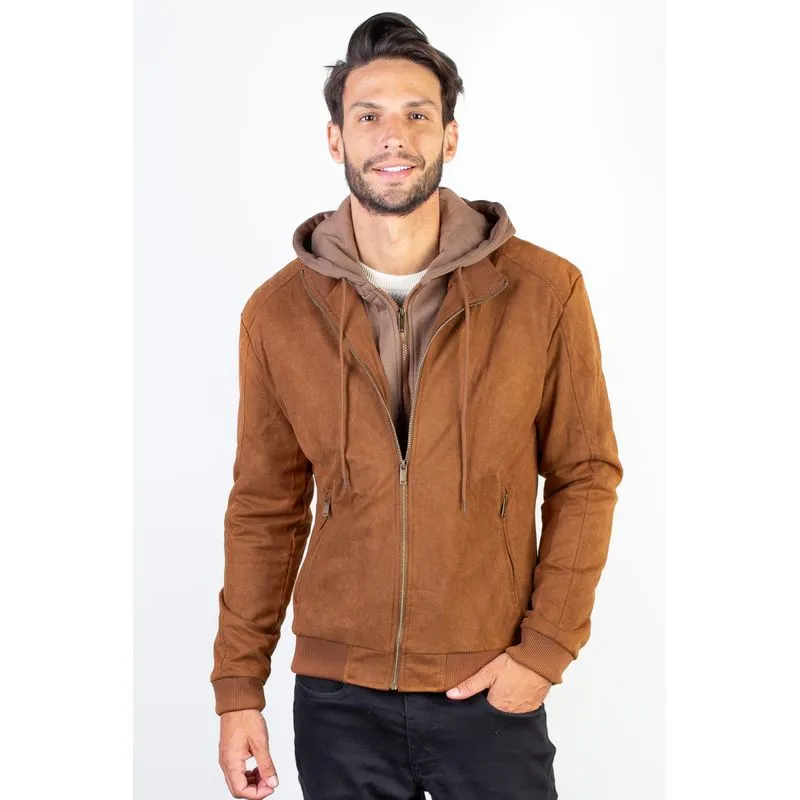 Jaqueta suede capuz e gola moletom removível 91391 G1 / Caramelo