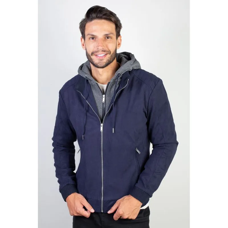 Jaqueta suede capuz e gola moletom removível 91391 G1 / Azul Marinho