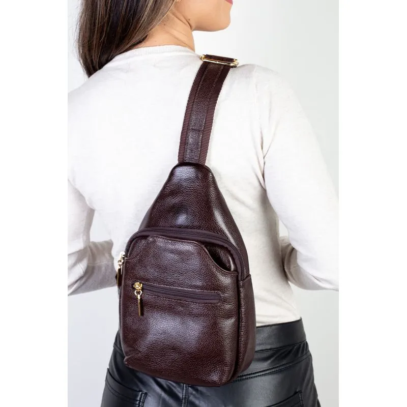 Mini mochila feminina transversal de couro liso Jenny Café