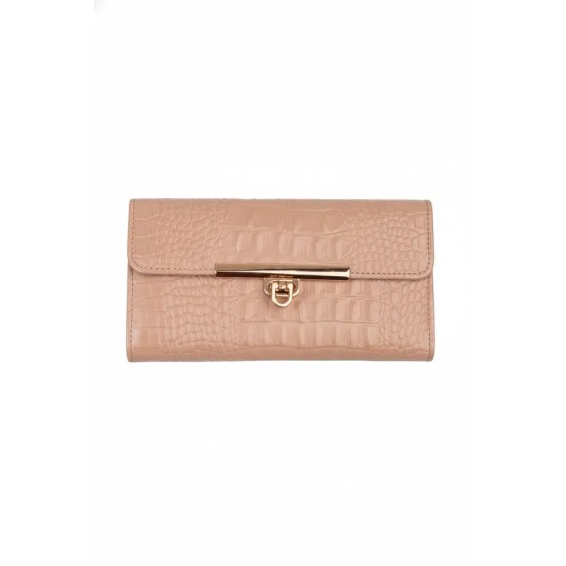 Carteira feminina de couro croco Kate 10,5x19,5cm Bege