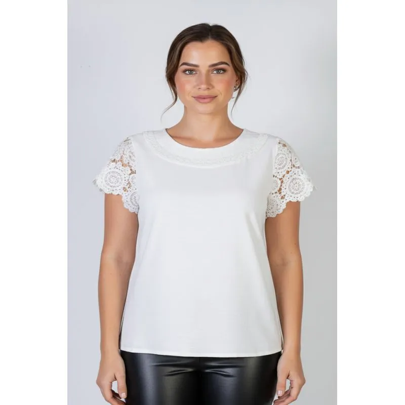 Blusa manga curta feminina detalhe crochê 51607 G / Off white
