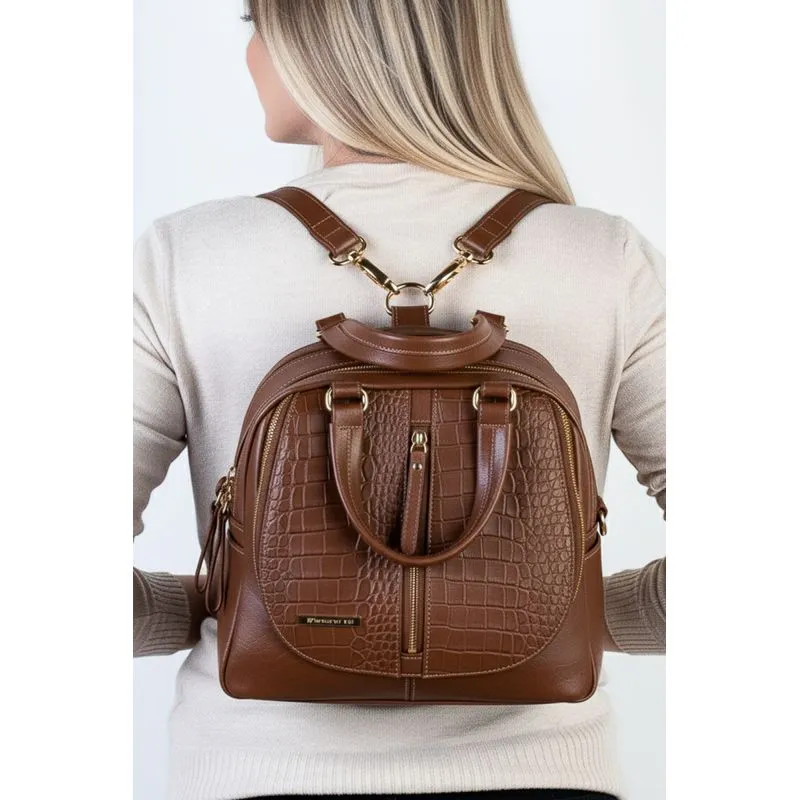 Bolsa mochila de couro croco 3 em 1 Marina Whisky