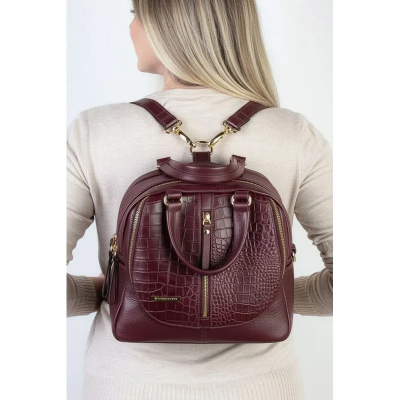 Bolsa mochila de couro croco 3 em 1 Marina Marsala