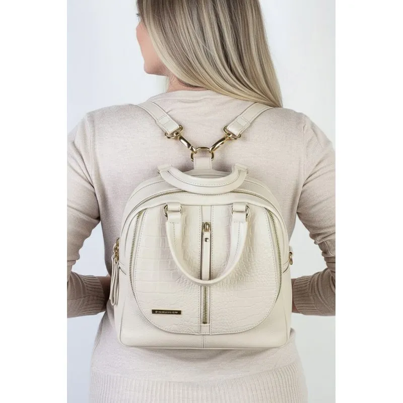 Bolsa mochila de couro croco 3 em 1 Marina Marfim
