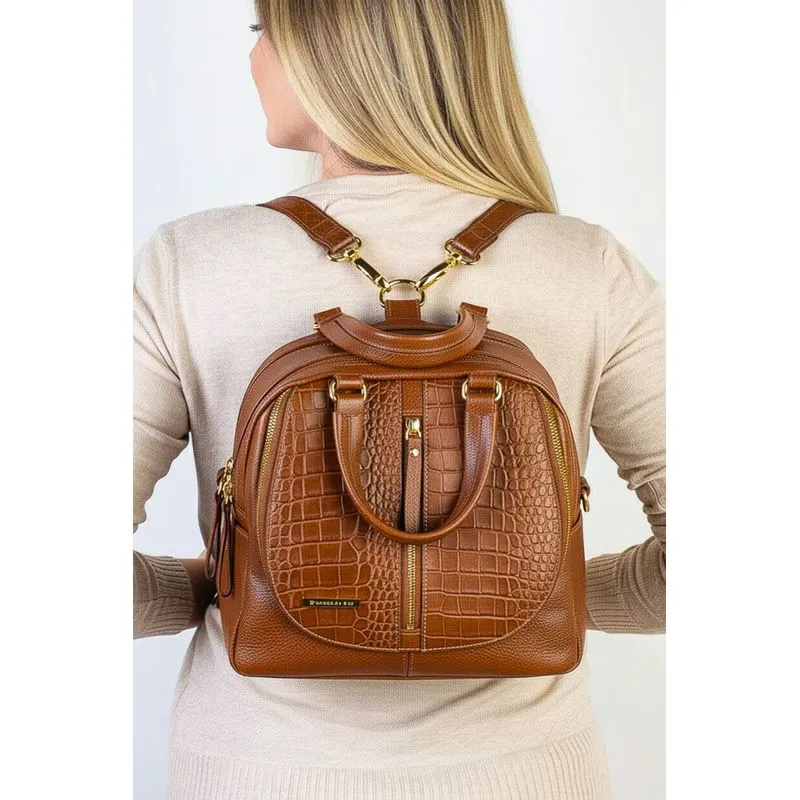 Bolsa mochila de couro croco 3 em 1 Marina Caramelo