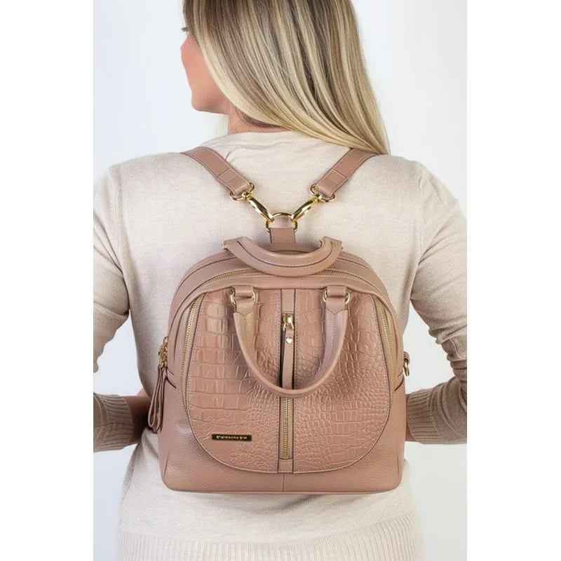 Bolsa mochila de couro croco 3 em 1 Marina Bege