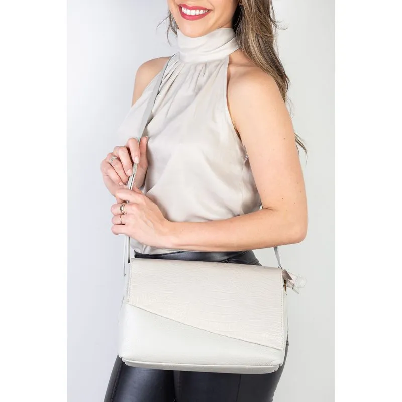 Bolsa tiracolo de couro croco com tampa Rose Marfim
