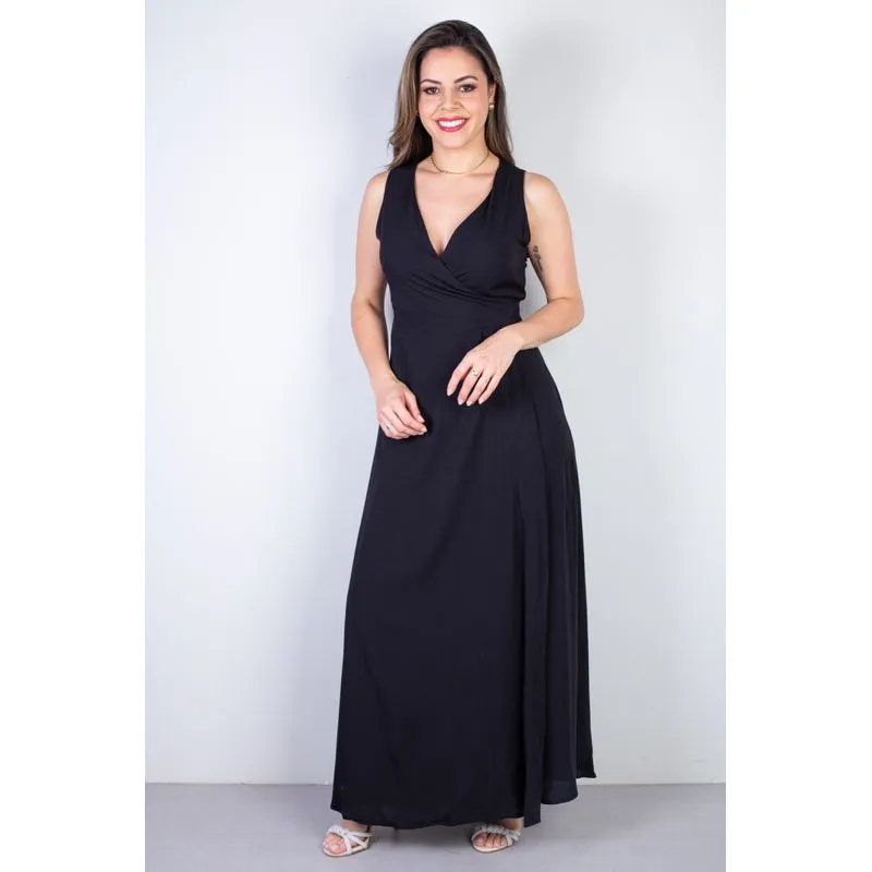 Vestido longo de viscose slub transpassado 71116 GG / Preto