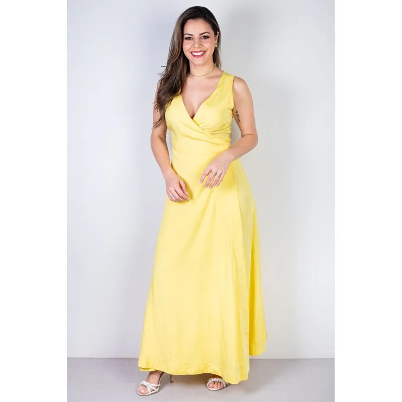 Vestido longo de viscose slub transpassado 71116 M / Amarelo