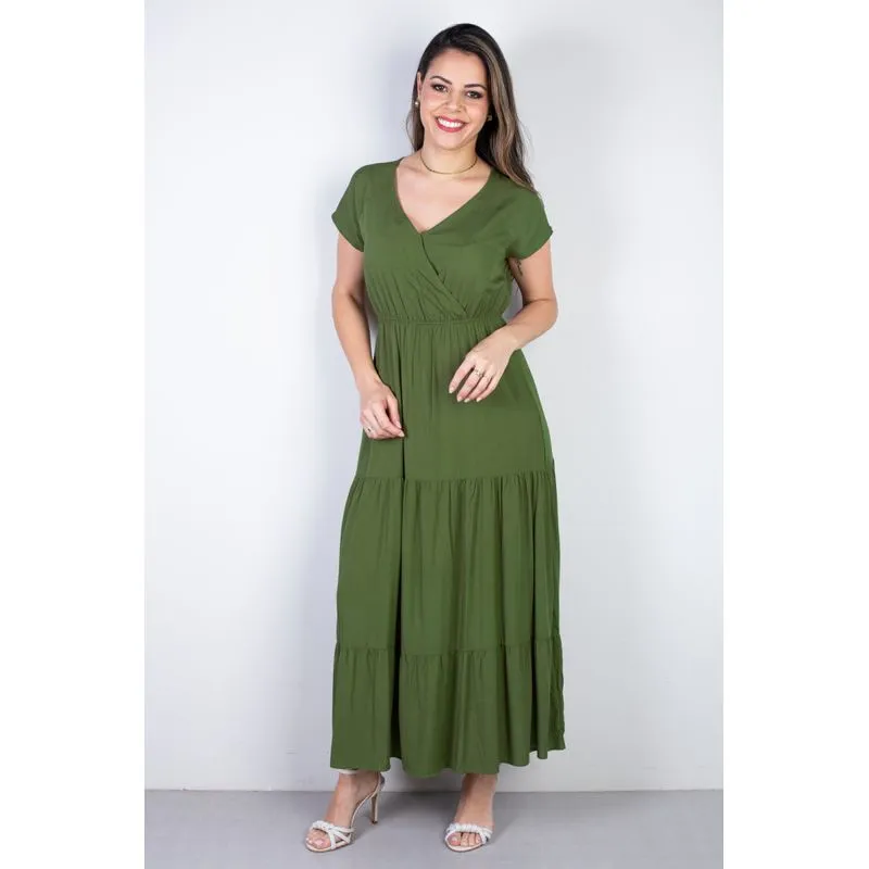 Vestido feminino midi manga curta decote v 51470 P / Verde