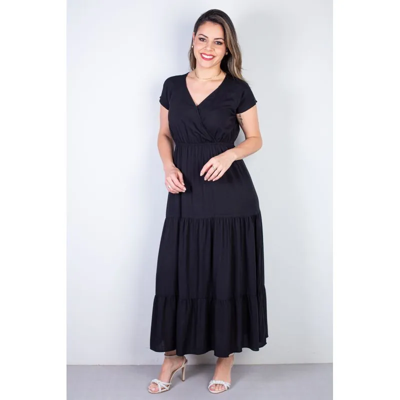 Vestido feminino midi manga curta decote v 51470 GG / Preto