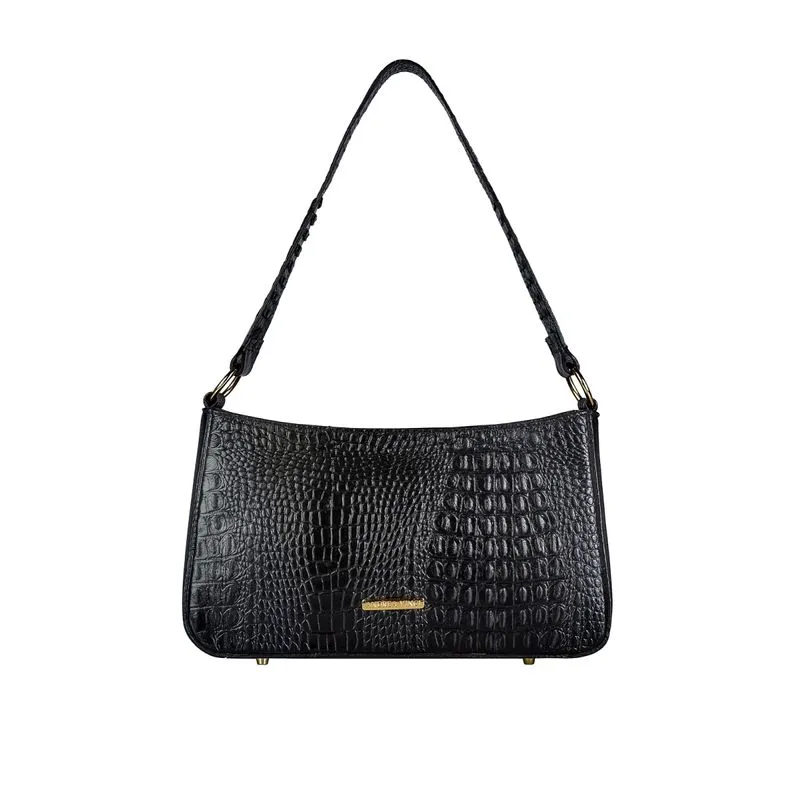 Bolsa de ombro em couro croco baguete Liah Preto