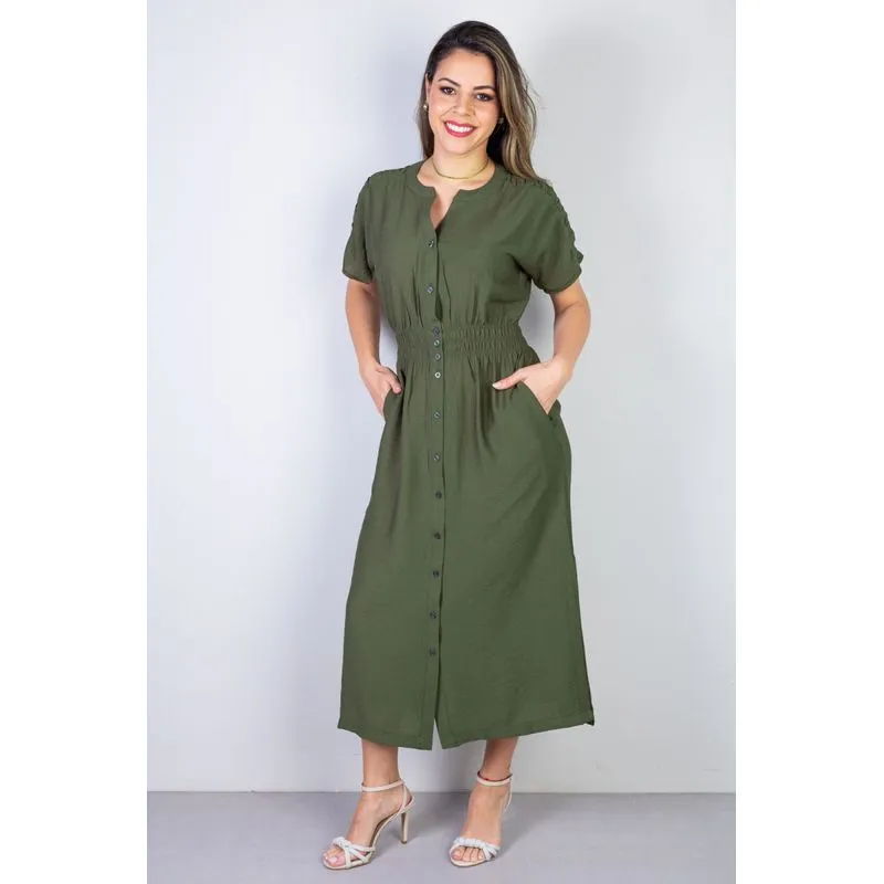 Vestido midi manga curta botões e elástico 51133 P / Verde Militar