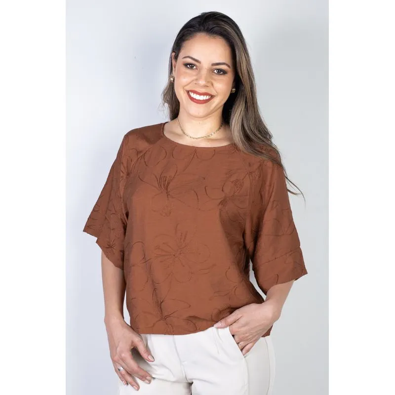 Blusa feminina manga 7/8 bordada 51111 P / Marrom