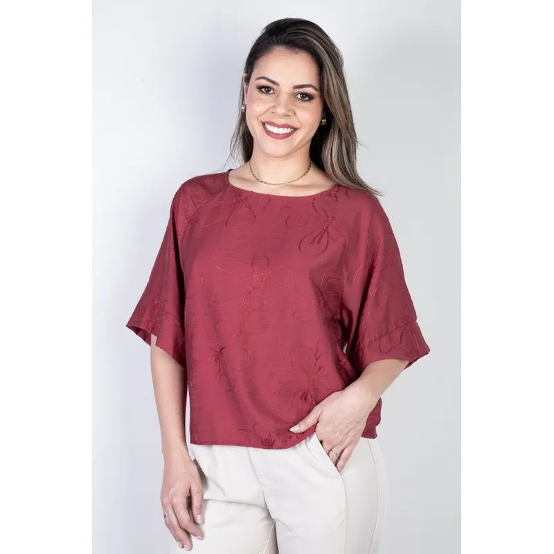 Blusa feminina manga 7/8 bordada 51111 M / Vermelho