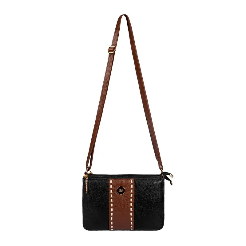Bolsa transversal de couro liso Cristal Preto/Whisky