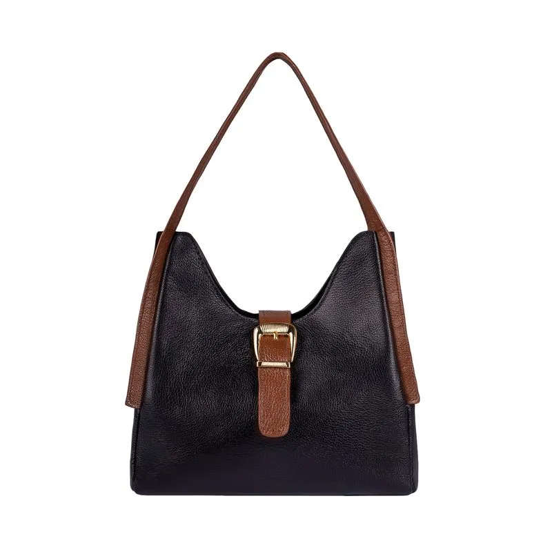 Bolsa de mão em couro liso com fivela Leandra Preto/Whisky