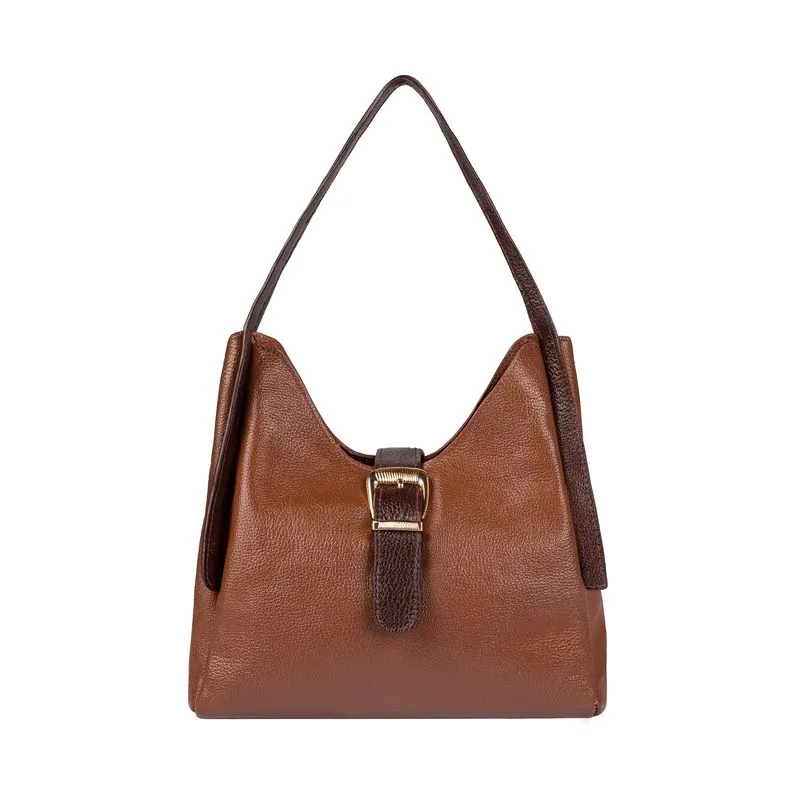 Bolsa de mão em couro liso com fivela Leandra Whisky/Café