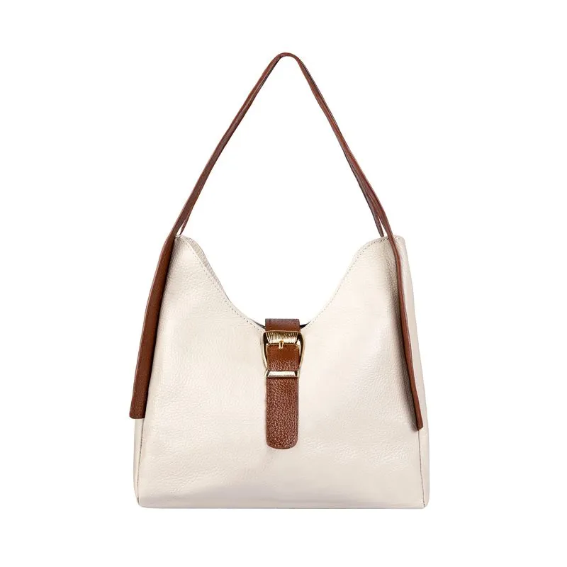 Bolsa de mão em couro liso com fivela Leandra Marfim/Whisky