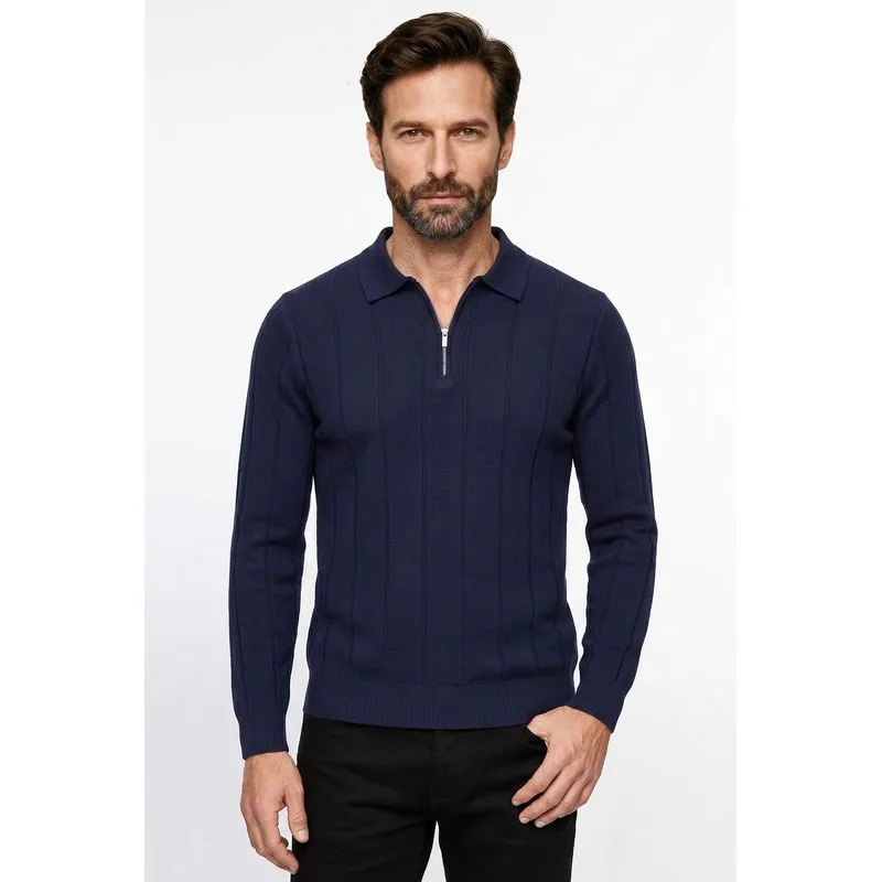 Blusa masculina manga longa gola polo com zíper 69627 G / Azul Marinho