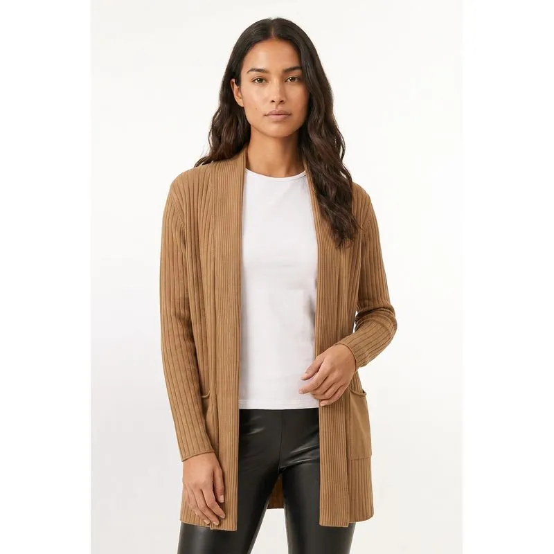 Cardigan feminino longo de malha com bolsos 61283 G / Caramelo
