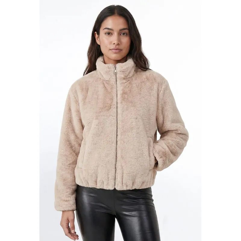 Jaqueta bomber feminina de pelúcia gola alta 61250 GG / Bege