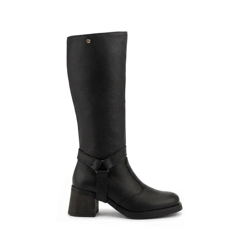 Bota de couro feminina 2 em 1 salto bloco 0172 35 / Preto