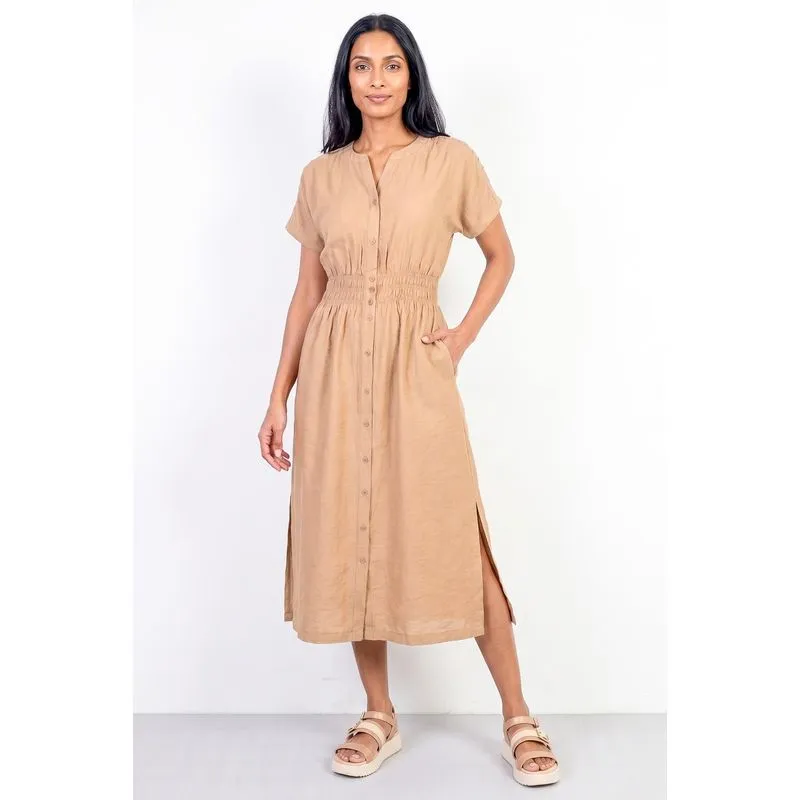 Vestido midi manga curta botões e elástico 51133 P / Marrom Claro