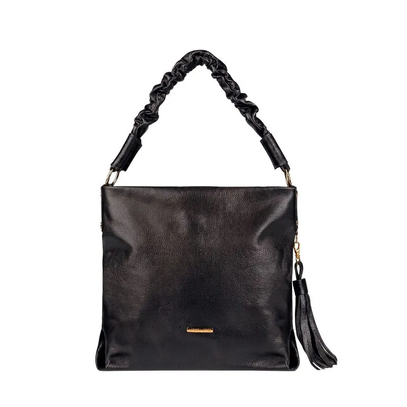 Bolsa de ombro em couro liso alça franzida Brenda Preto