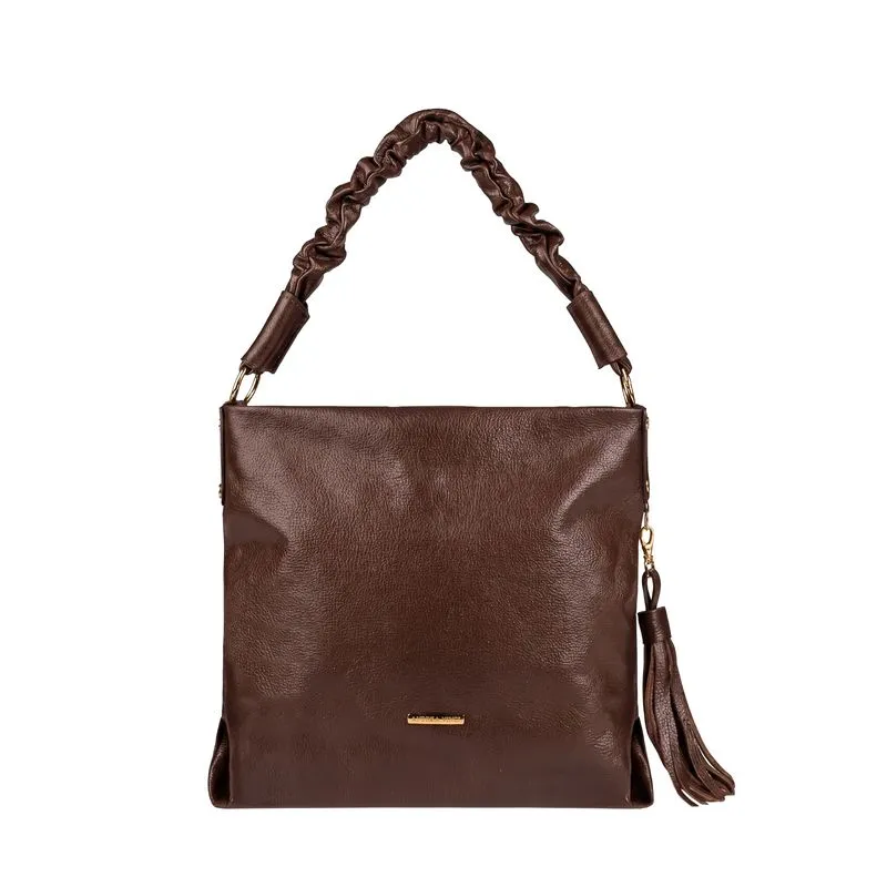 Bolsa de ombro em couro liso alça franzida Brenda Café
