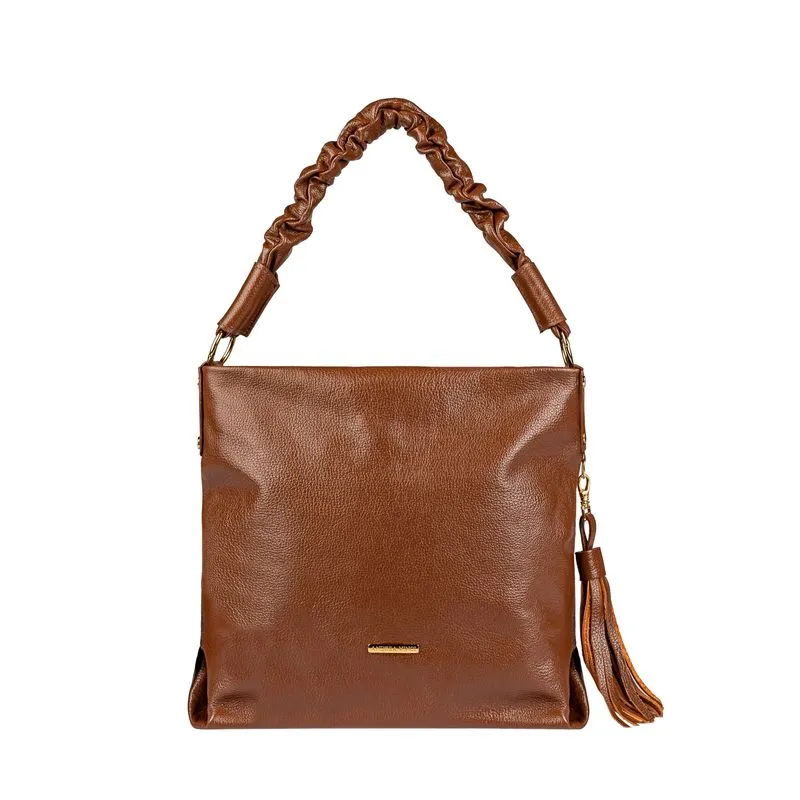 Bolsa de ombro em couro liso alça franzida Brenda Whisky