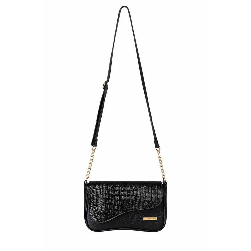 Bolsa transversal de couro croco com tampa e corrente Olga Preto