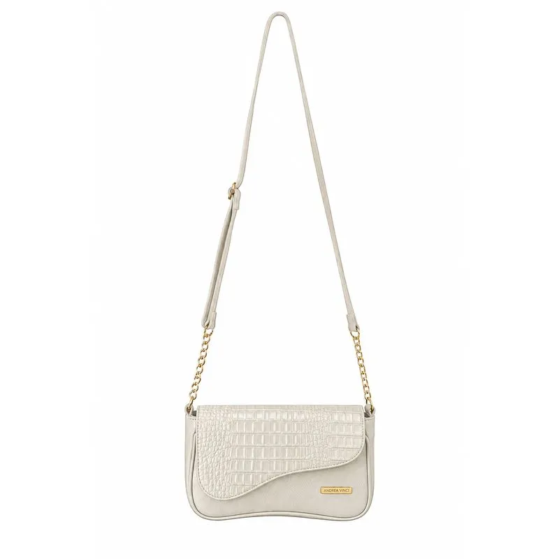 Bolsa transversal de couro croco com tampa e corrente Olga Marfim