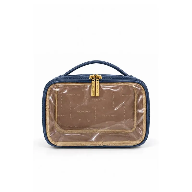 Necessaire transparente em couro e vinil para viagem e maternidade 15x23x9 Eloa Azul