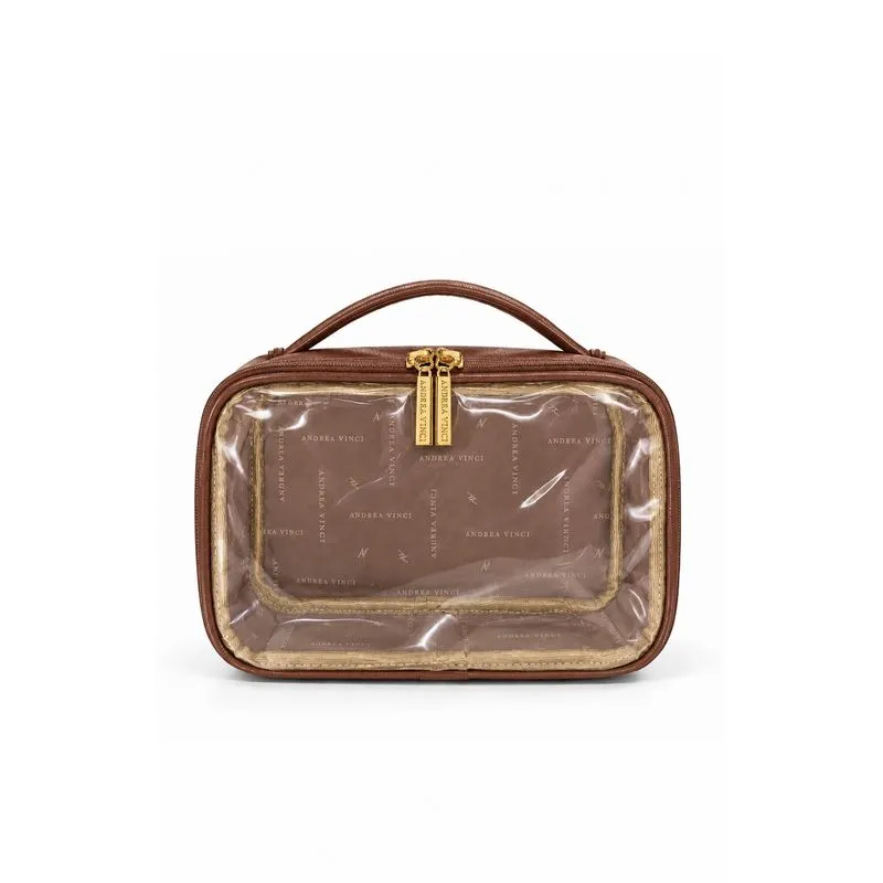 Necessaire transparente em couro e vinil para viagem e maternidade 15x23x9 Eloa Whisky