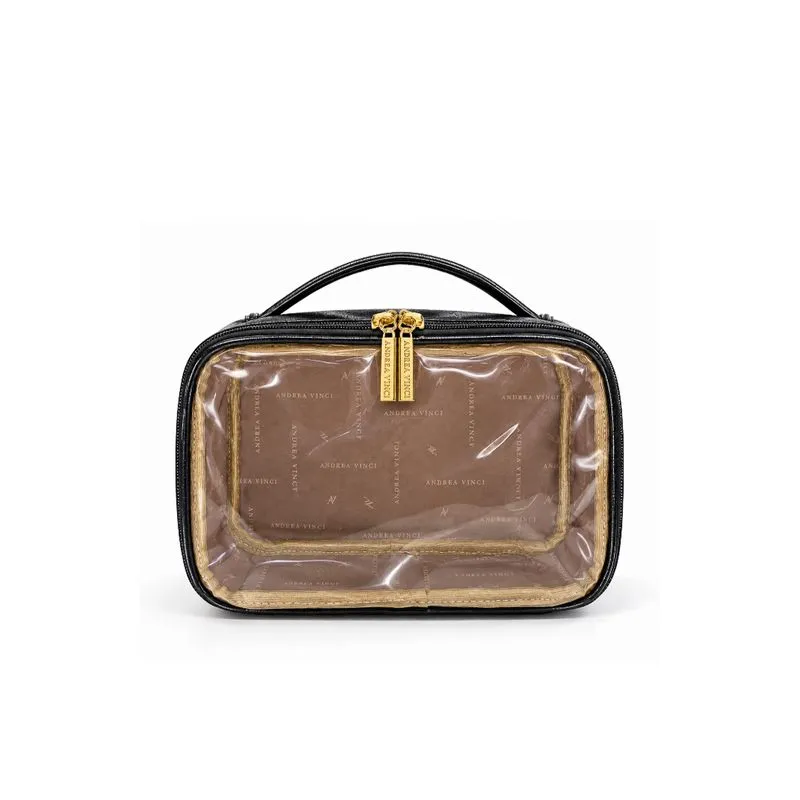 Necessaire transparente em couro e vinil para viagem e maternidade 15x23x9 Eloa Preto