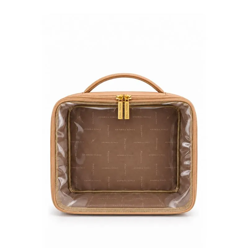 Necessaire transparente em couro e vinil para viagem 23x28x10 Elora Bege