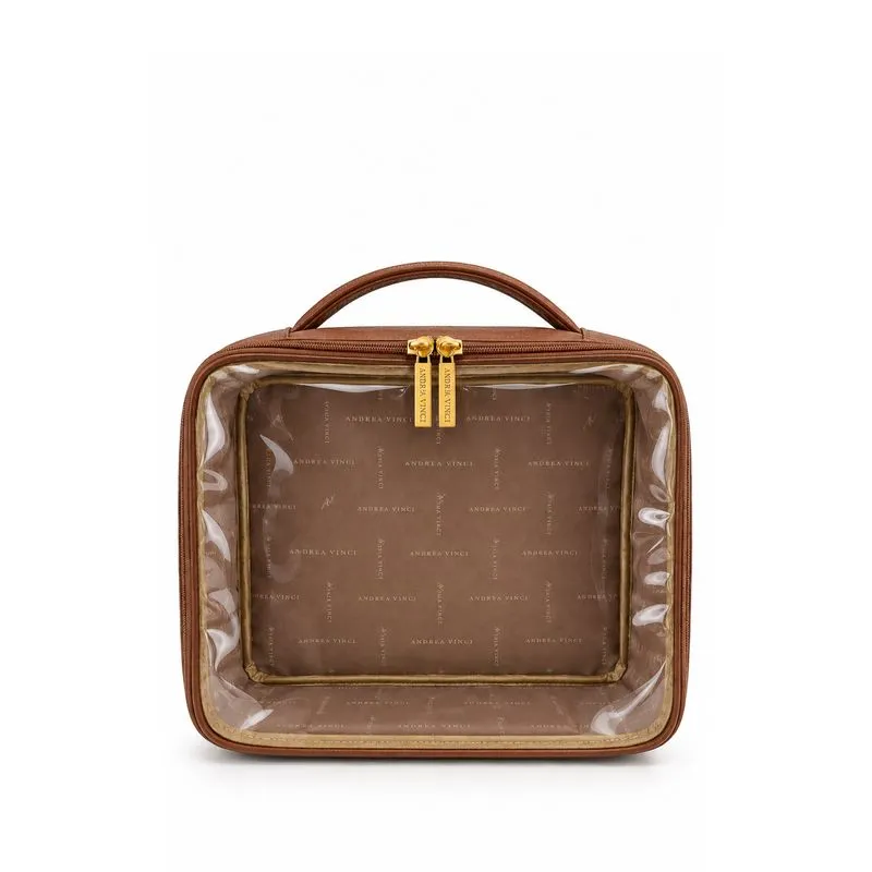 Necessaire transparente em couro e vinil para viagem 23x28x10 Elora Whisky