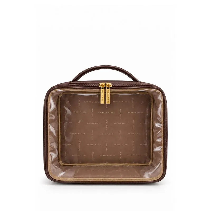 Necessaire transparente em couro e vinil para viagem 23x28x10 Elora Café