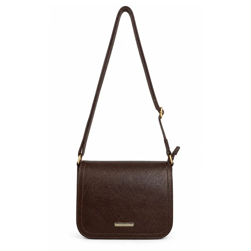 Bolsa transversal de couro liso com tampa Julia Café