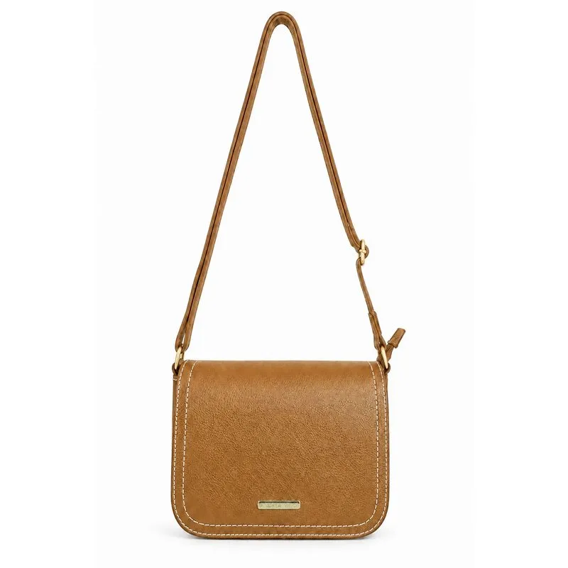 Bolsa transversal de couro liso com tampa Julia Caramelo