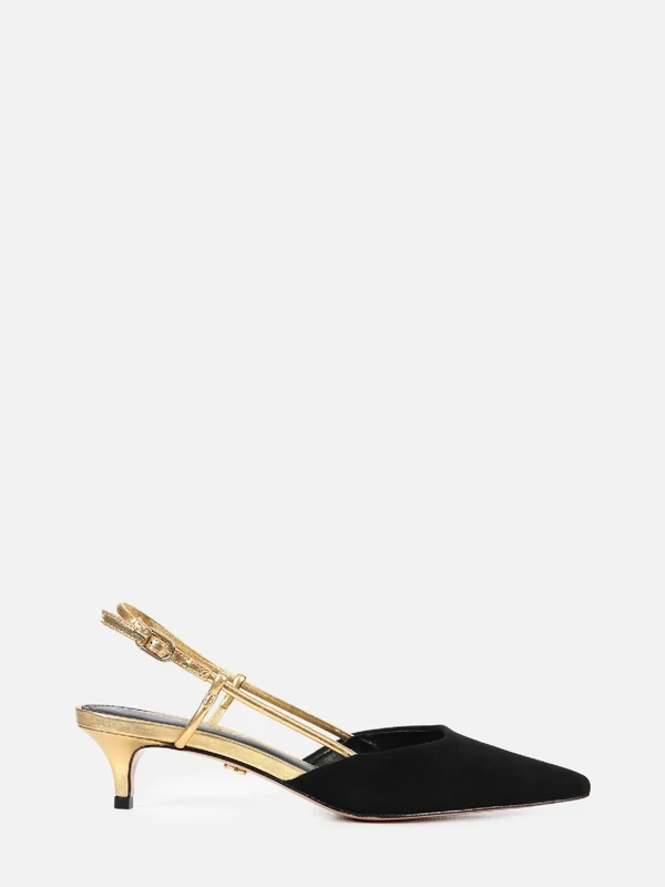 SCARPIN DE CAMURÇA GLORIA PRETO SLINGBACK SALTO BAIXO 38